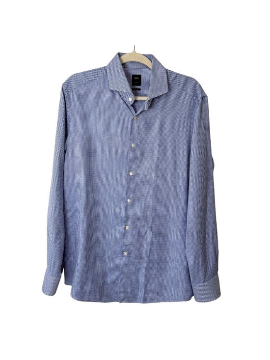 Hugo Boss Other - Boss Hugo Boss Mens Size 17 Dress Shirt Tailored Slim Fit Blue Check Italy